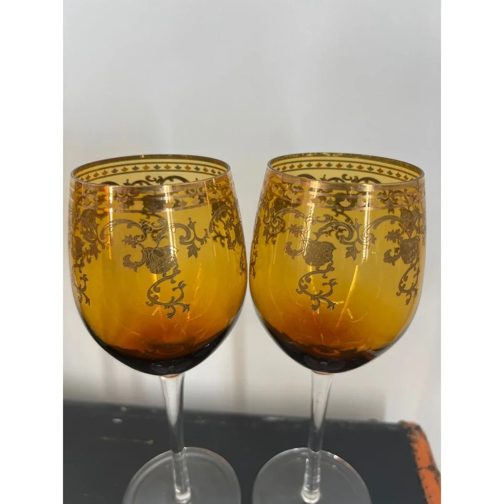 Vintage MCM Amber Glass Decanter Set Gold Encrusted Floral Scroll 4‎ Glasses